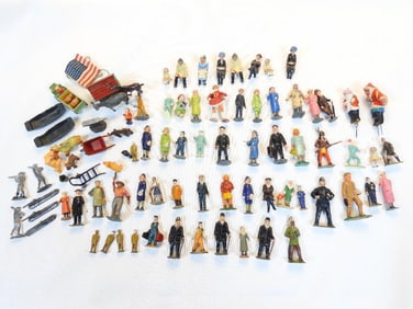 Large lot of Assorted Antique Vintage painted cast metal figurines, animals, autos plus,