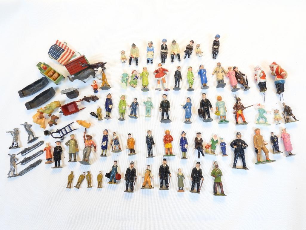 Large lot of Assorted Antique Vintage painted cast metal figurines, animals, autos plus, (1 of 8)