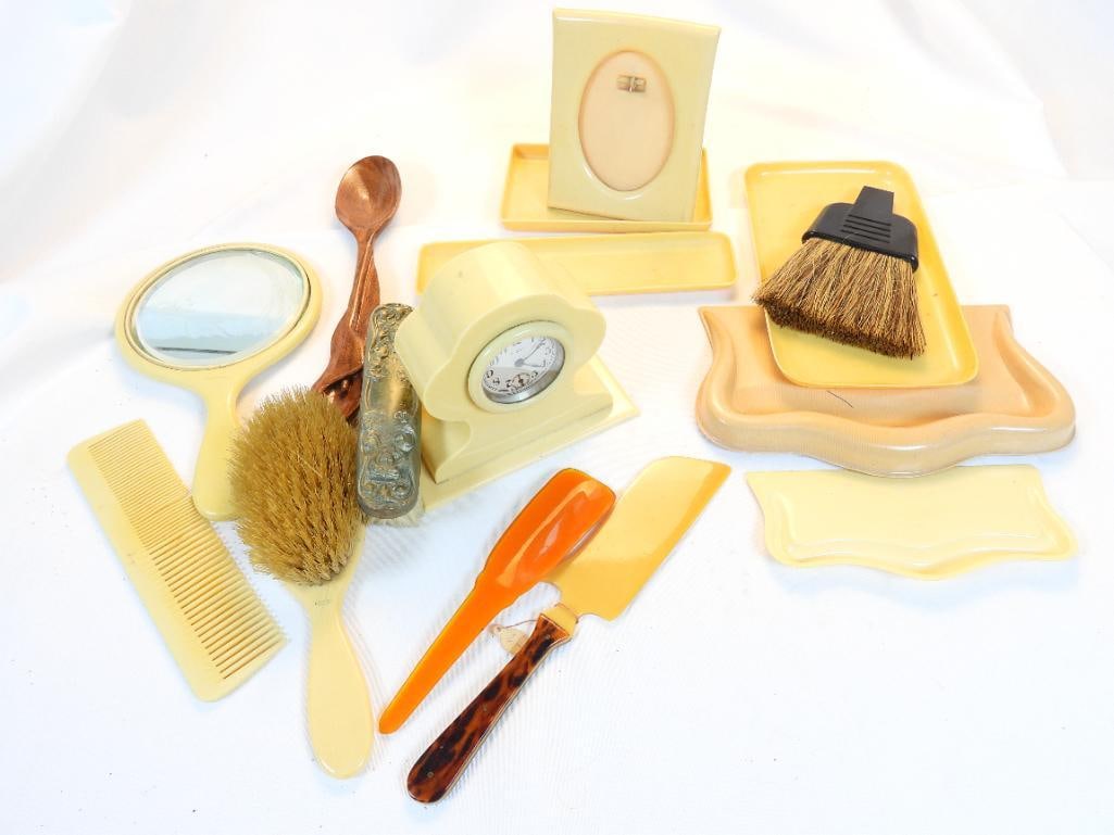 LOT of decor including Bakelite 8 day display clock and vintage brush (1 of 8)