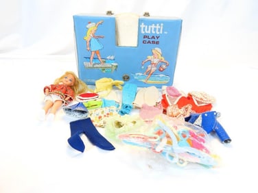 Vintage Tutti play case, doll, clothing and hangers