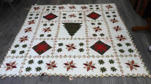 White green and red holiday poinsettia, tree quilt, 81"x81"