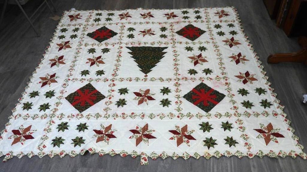 White green and red holiday poinsettia, tree quilt, 81"x81" (1 of 5)