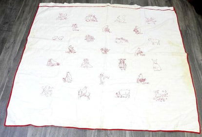 Vintage embroidered White and red animals and children stitched quilt, 69" x 76"