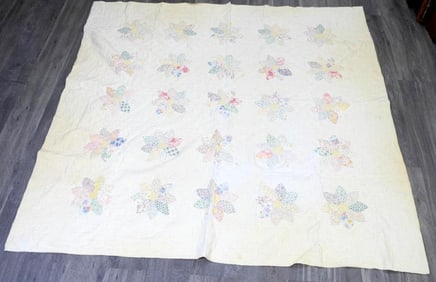Vintage stitched White patchwork flower quilt, 6' x 6'