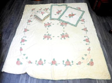 Off-white pink and light pink floral print quilt, 83" x 97"