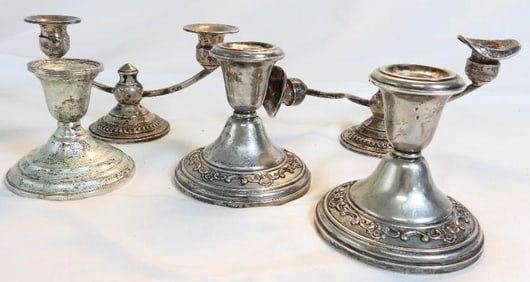 LOT OF 5 sterling silver candlesticks, marrow smith weighted, etc.