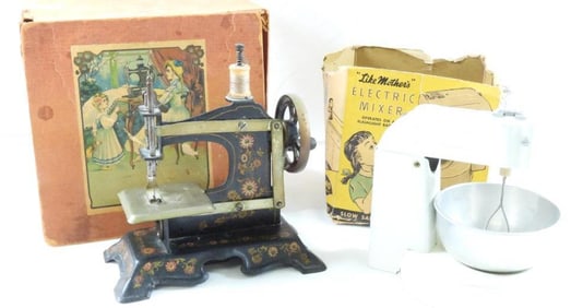 Vintage 6" toy mixer in box and toy sewing machine No. 238936 in box