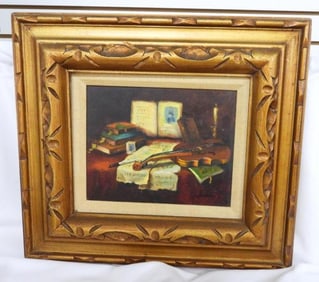 Vintage still life Musician Musical instruments original oil painting framed and signed by Andina