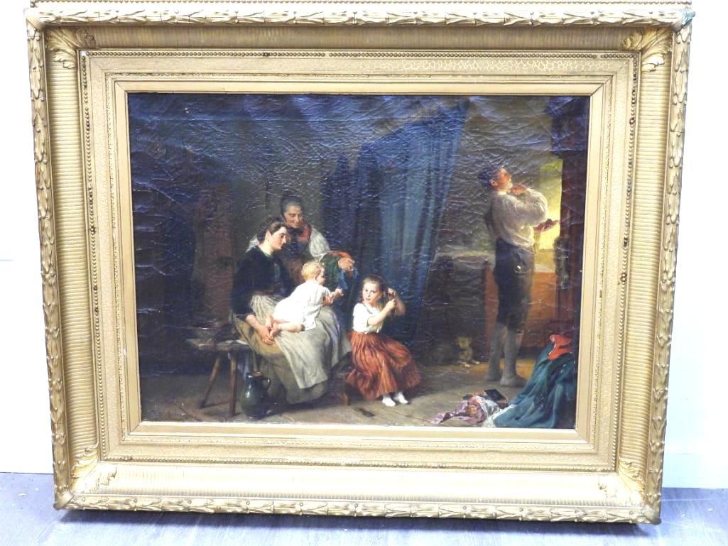 Felix Schlesinger Germany (1833-1910) Signed Original Oil on Board Family Gathering LARGE PAINTING (1 of 14)