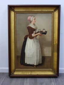 Antique Framed Baker's The Chocolate Girl Oil on Board painting, "La Belle Chocolatier"