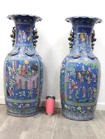 Antique Pair of very large/tall blue Chinese porcelain floor vase vases famille floral