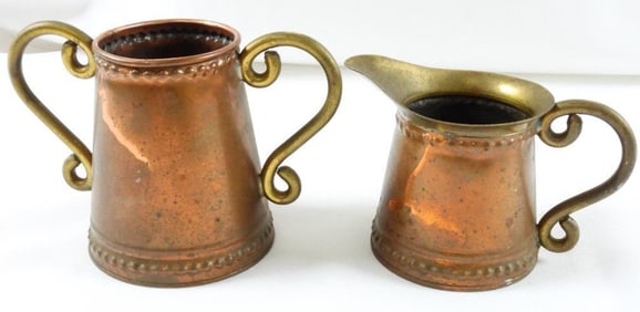 LOT OF 2 copper items for cream and sugar, Rochester Stamping Co on sugar bowl