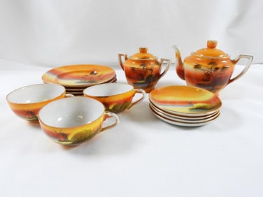 Vintage Japanese children's scenic sunset tea set