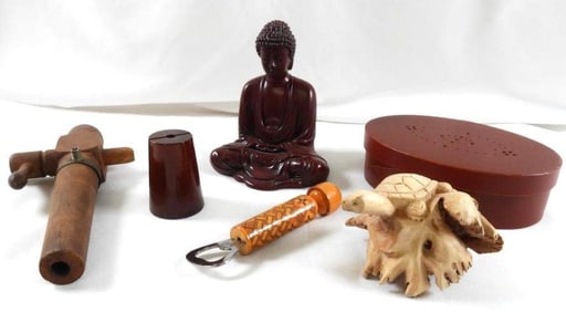 Primitive lot of 6 including wooden barrel tap, bottle opener, statue, etc.