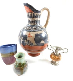 LOT OF 4 decorative items including Vintage pottery jug
