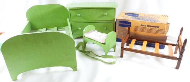 LOT OF 4 doll furniture set including Strombecker bed frame in box
