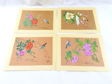 LOT OF 3 Vintage Chinese-style watercolor painting on silk paper