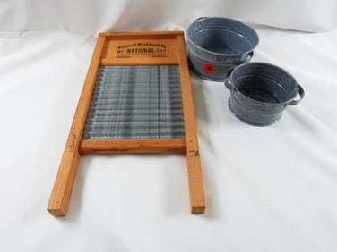 Vintage National Washboard Co washboard and metal buckets