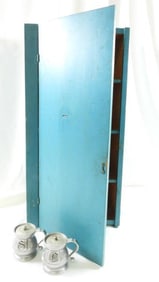 LOT OF 3: Vintage blue hinged cupboard with salt & pepper shakers