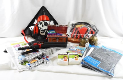 Huge lot of pirate costume and decorations including treasure chest etc.