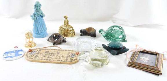 LOT OF 12 decorations including Avon perfume bottle and paperweights