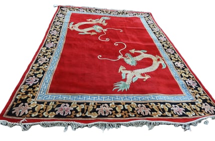 Antique Vintage Chinese Red Dragons Sculpted Wool rug 8' x 11'
