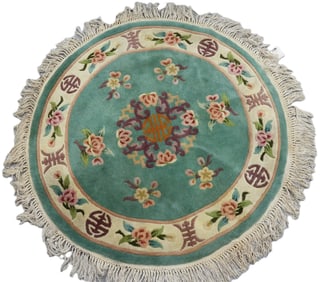 Antique chinese handmade Sculpted 100% Wool rug Green Round Fringed