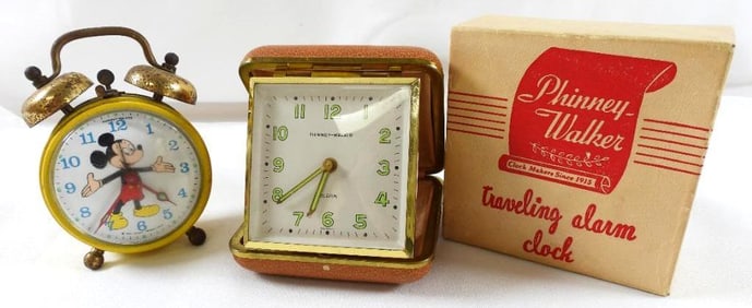 LOT OF 2 3" Alarm Clocks including Mickey Mouse clock and traveling clock in box