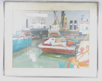 Framed watercolor painting still life of docked boats in 38" x 48" frame, signed Grutzka