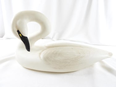Hand-carved and painted wooden white swan decoy, marked on bottom