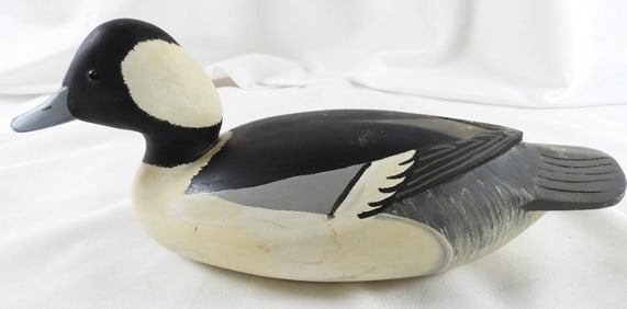 George Strunk Jr. hand-carved and painted wooden duck decoy, signed/plated Bufflehead