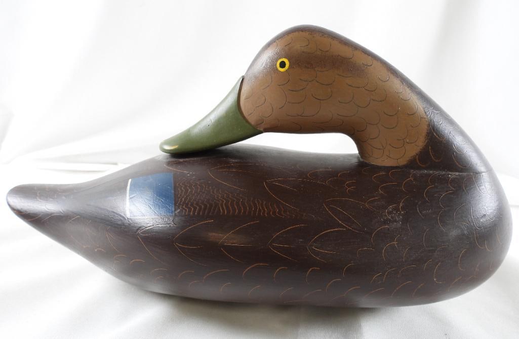 Hand-Carved and painted wooden duck with green bill Canvasback ?: Hand-Carved and painted wooden duck with green bill, 13"L x 7"T x 6"W