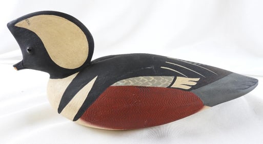 George Bell Hand-carved and painted wooden duck decoy, signed Hooded Merganser