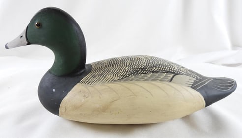 George Bell Hand-carved and painted wooden duck decoy, signed Mallard Drake