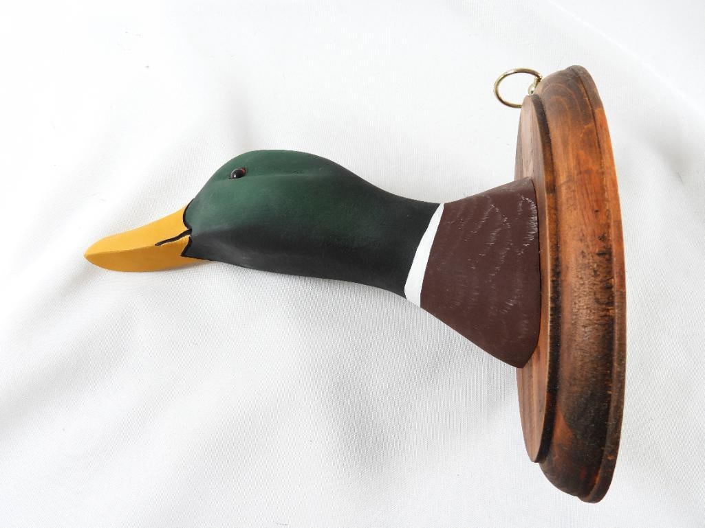 Lisa Byrd Hand-carved mallard drake duck head wall plaque carved logo initials, signed and dated (1 of 6)