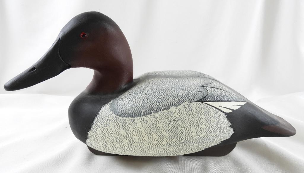 Lisa Byrd Hand-carved and painted wooden Canvasback drake duck decoy, carved logo initials, (1 of 7)