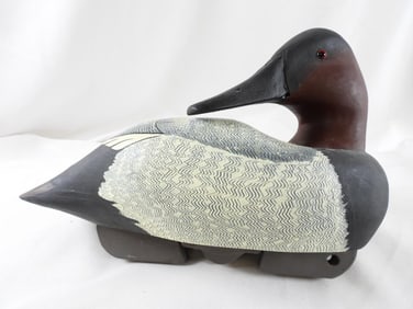 Lisa Byrd Hand-carved and painted wooden Canvasback drake duck decoy, carved logo initials,