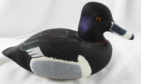 Lisa Byrd hand-carved and painted wooden Ring-Hecked Drake duck decoy, initials carved, signed/dated