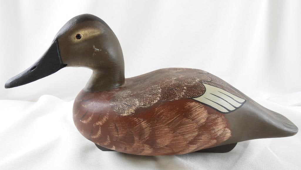Lisa Byrd hand-carved and painted wooden Canvasback Hen duck decoy, initials carved, signed/dated (1 of 7)