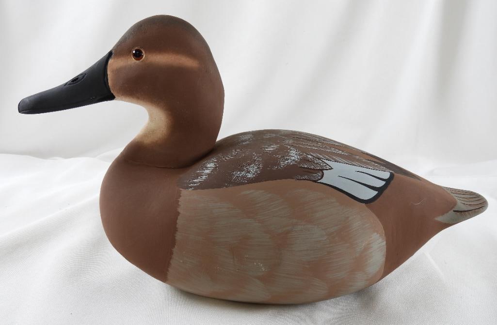 Lisa Byrd hand-carved and painted wooden Canvasback Hen duck decoy, initials carved, signed/dated (1 of 6)
