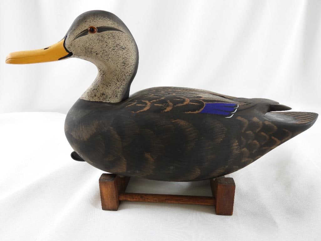 Lisa Byrd hand-carved and painted wooden duck decoy, logo initials carved in bottom: Lisa Byrd hand-carved and painted wooden duck decoy, logo initials carved in bottom, 14"L x 9"T x 5.5"W