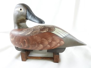 Lisa Byrd hand-carved and painted wooden Canvasback Hen duck decoy, initials carved, signed/dated