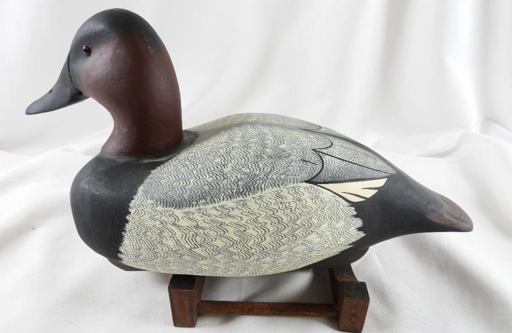 Lisa Byrd hand-carved and painted wooden Canvasback Hen duck decoy, initials carved, signed/dated (1 of 7)
