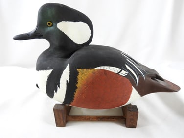 Lisa Byrd Hand-carved and painted wooden Hooded Merganser Drake duck decoy, initials logo carved,
