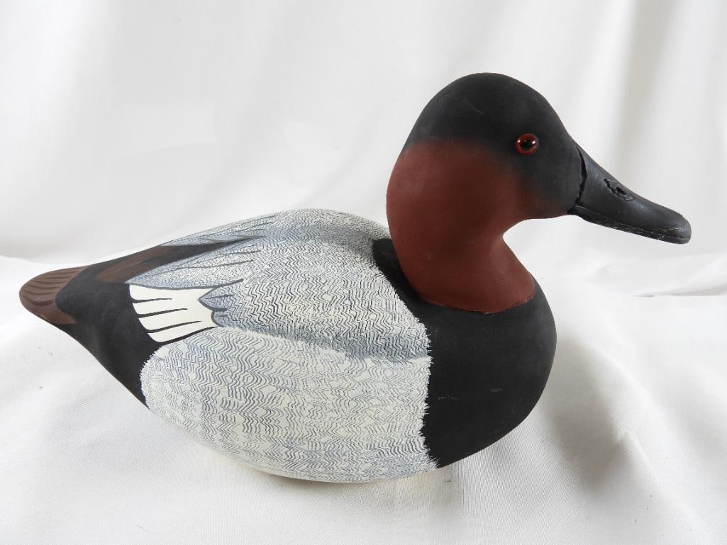 Lisa Byrd Hand-carved and painted wooden Canvasback Drake duck decoy, logo initials carved, (1 of 6)
