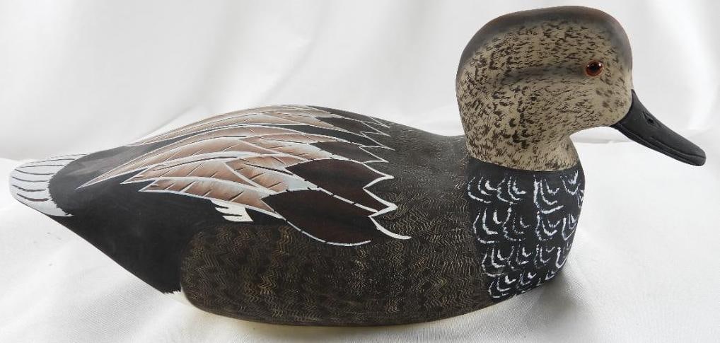 Lisa Byrd Hand-carved and painted wooden Gadwall Drake duck decoy, logo initials carved,: Lisa Byrd Hand-carved and painted wooden Gadwall Drake duck decoy, logo initials carved, signed/dated 2006, 15"L x 7"T x 6"W