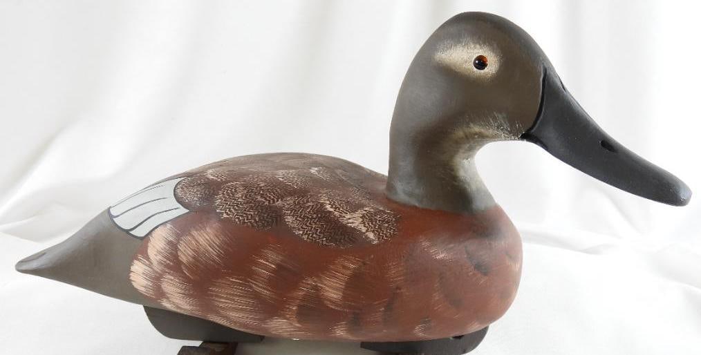 Lisa Byrd hand-carved and painted wooden Canvasback Hen duck decoy, initials carved, signed/dated (1 of 7)