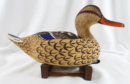 Lisa Byrd Hand-carved and painted wooden Mallard Hen duck decoy, initials carved, signed/dated 2007