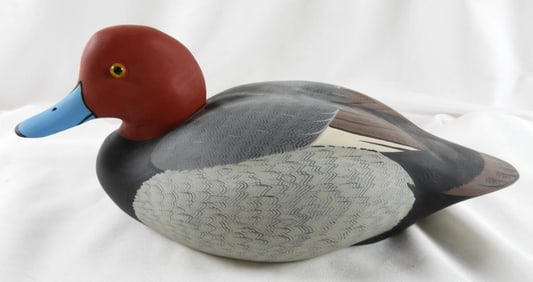Lisa Byrd Hand-carved and painted wooden Red Head Drake duck decoy, logo initials carved,