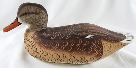 Lisa Byrd Hand-carved and painted wooden Gadwall Hen duck decoy, logo initials carved, signed/dated